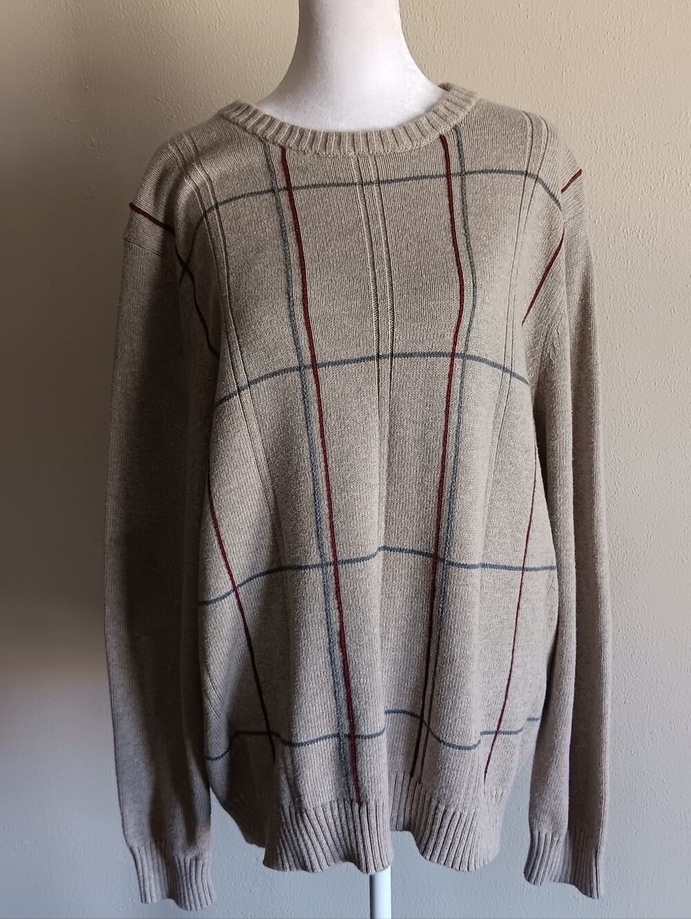 Croft & Barrow Vintage Men's Beige Plaid Crewneck Knit Sweater Size XL